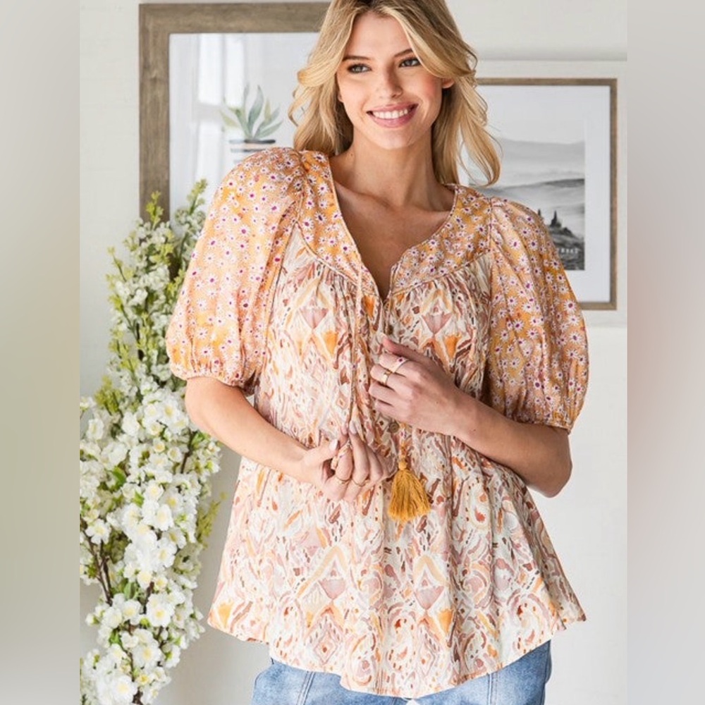 💗OLI & HALI FLORAL MIXED PRINTED PUFF SLEEVE BLOUSE-Be Ready for Spring🌸